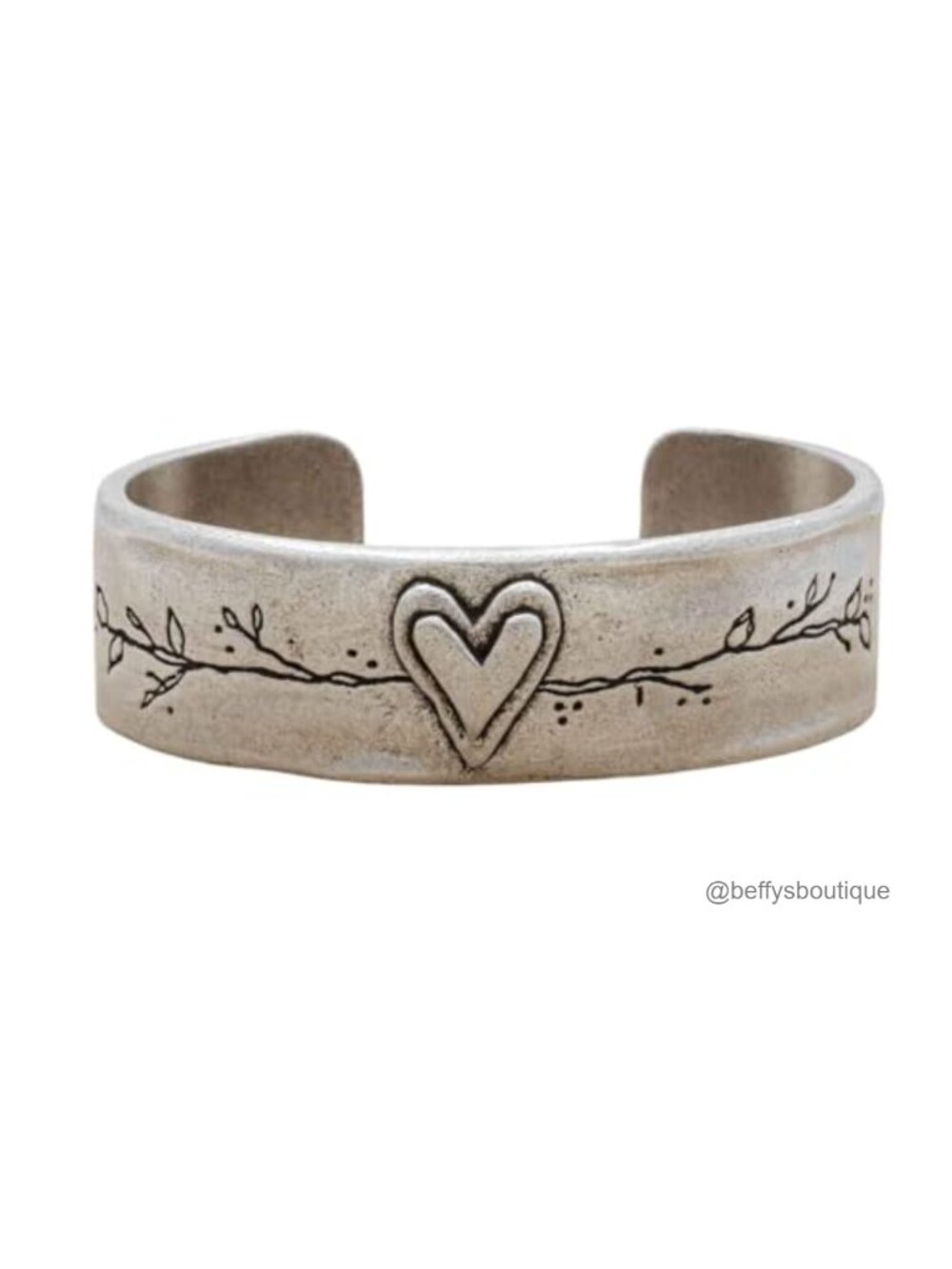 Pewter Cuff Bracelet Engraved Heart Flowers Branches Adjustable Bangle Gift